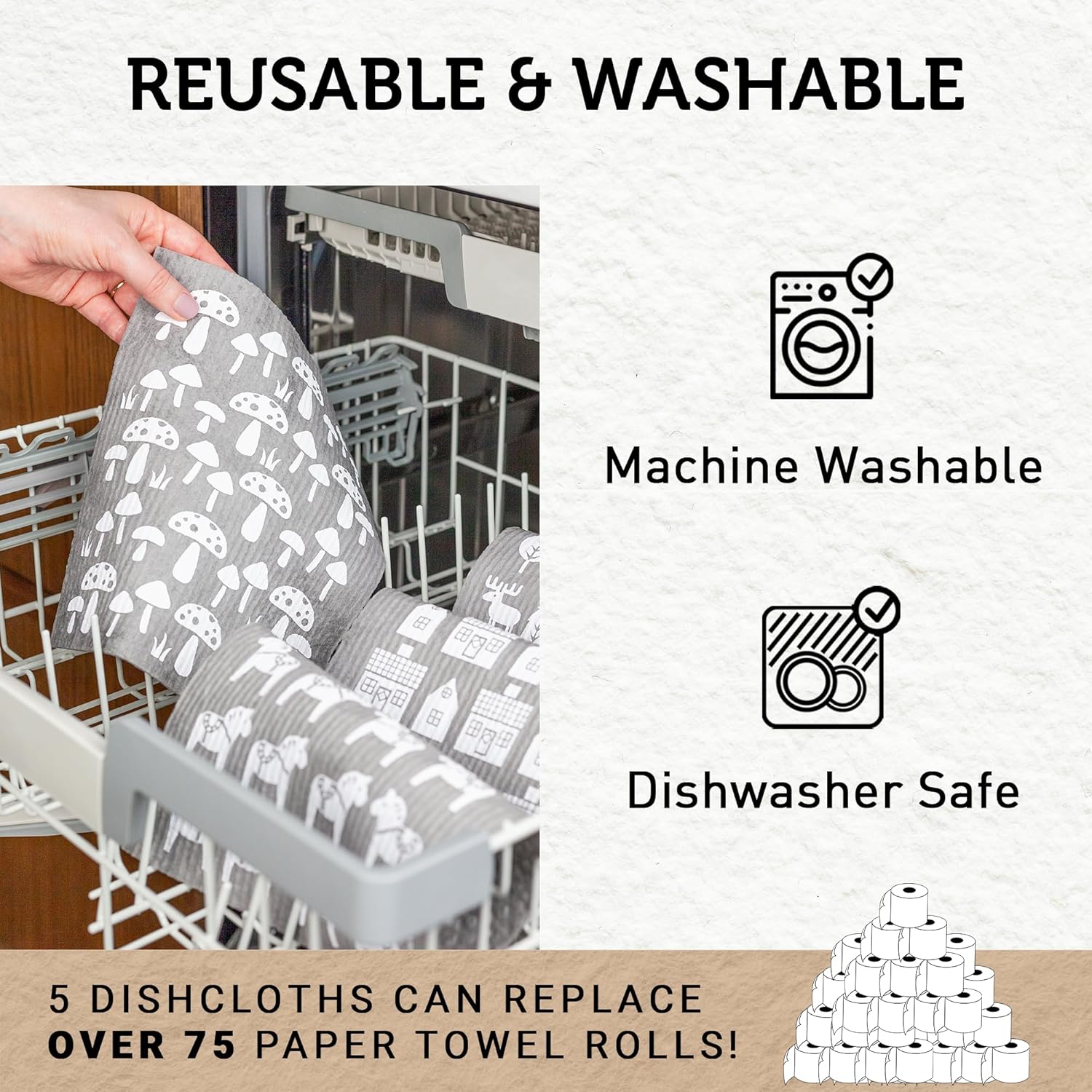 Nordhus Design Large Swedish Dishcloths, 5 Grey Cloths, Made in Sweden - 9.5 x 8 inch Reusable, Washable Cellulose Cotton Kitchen Cloths - Replace Paper Towels, Wipes, Sponges, Dish Rags