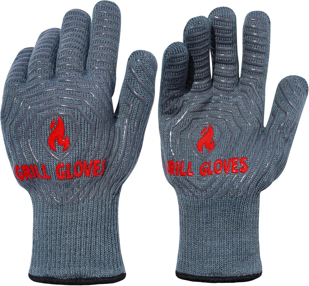 QUWIN BBQ Gloves, Oven Gloves 1472℉ Extreme Heat Resistant, Grilling Gloves Silicone Non-Slip Oven Mitts, Kitchen Gloves for BBQ, Grilling, Cooking, Baking-1 Pair… (Grey, One Size Fits Most)