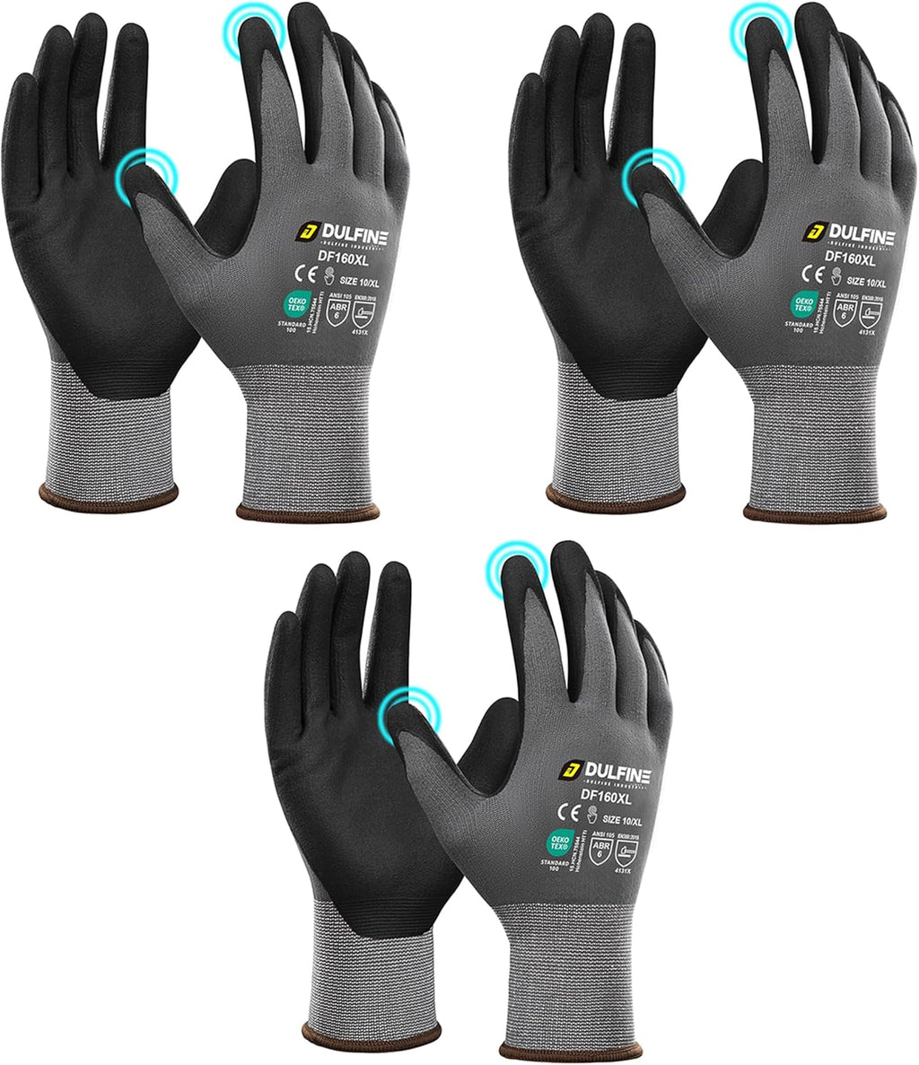 DULFINE Safety Work Gloves MicroFoam Nitrile Coated-3 Pairs Pack,Seamless Knit Nylon Glove with Black Micro-Foam Nitrile Grip,Ideal for General Purpose,Automotive,Home Improvement,Painting(Large)