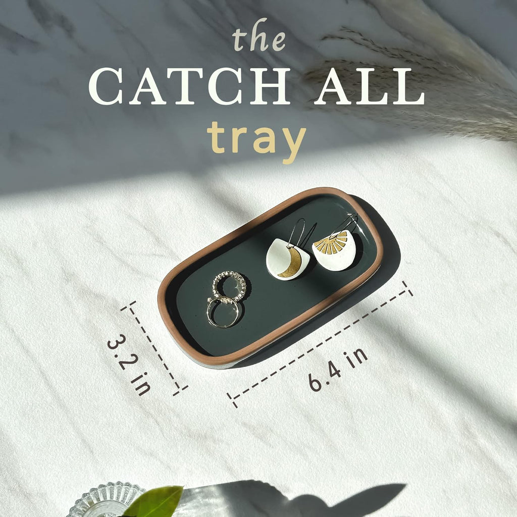 Mora Ceramic Decorative Tray - Rectangle 6.4in Dish for Jewelry, Perfume, Makeup, Accessories, Candle, in The Bathroom Vanity, Bedside, or Kitchen Counter. Cute Organizers - Black