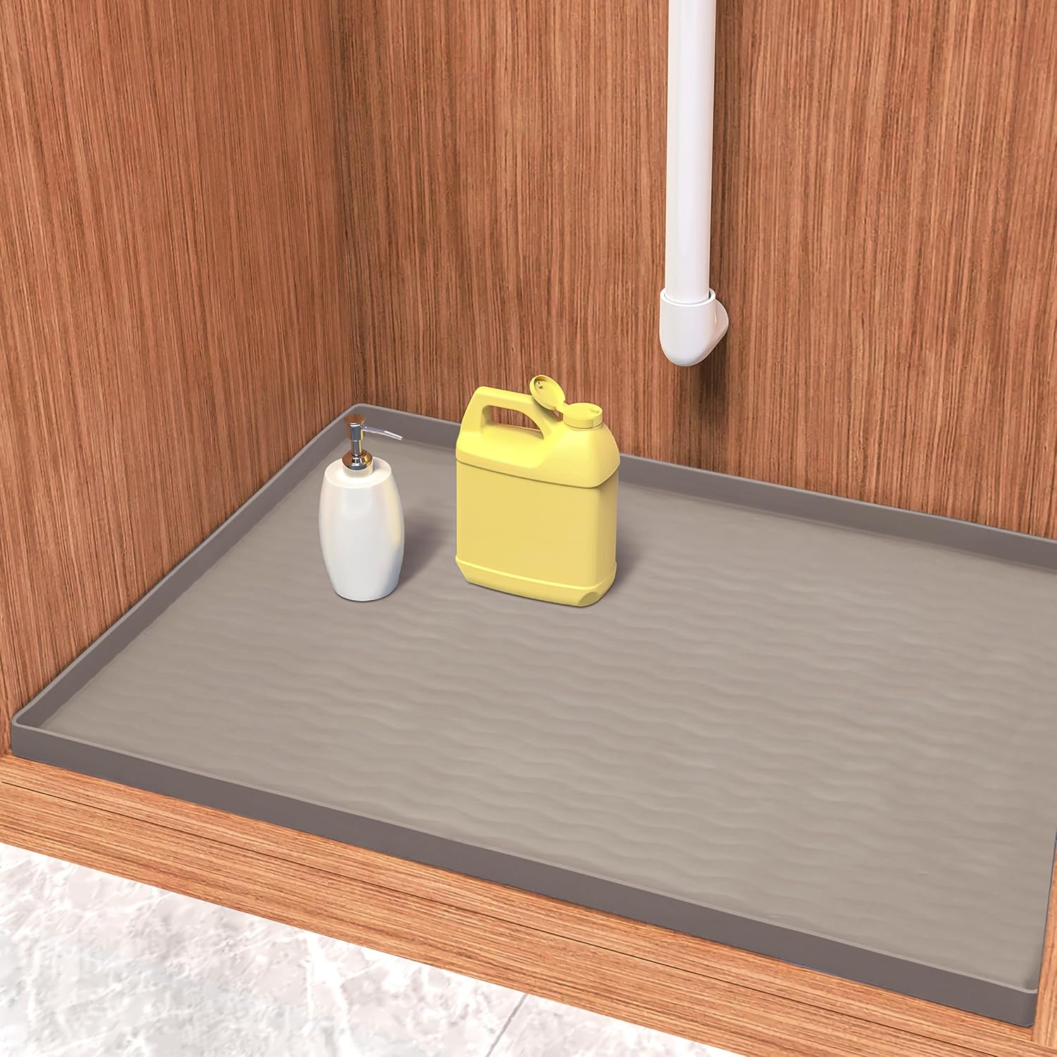 URMONA Waterproof Silicone Under Sink Mat 28'' x 19'' Shelf Liner for Kitchen and Bathroom, Cabinet and Counter Protector, Storage and Organizers, Litter Mat, Pet Cat Puppy Essentials(Beige)