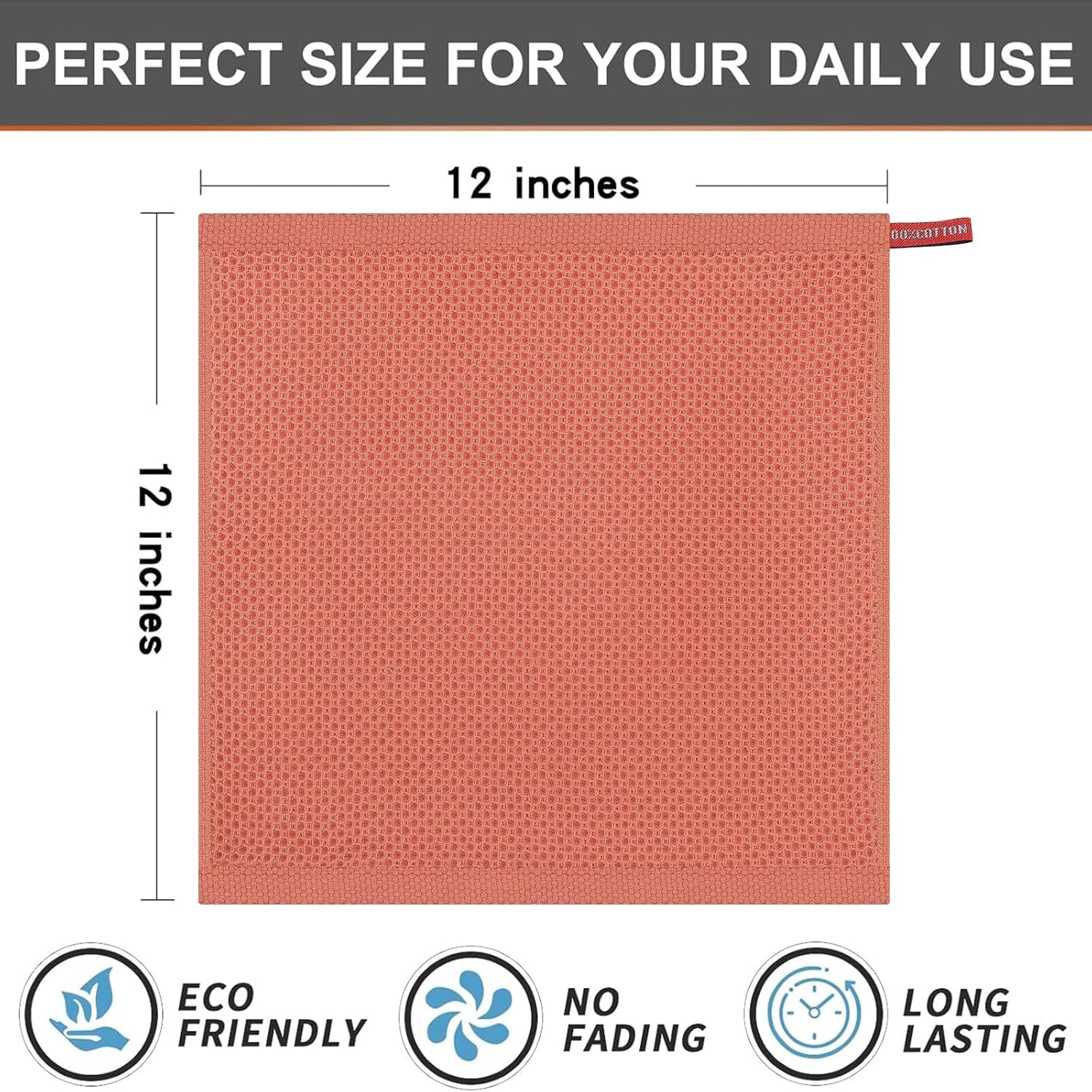 Kitinjoy 100% Cotton Kitchen Dish Cloths, 6 Pack Waffle Weave Ultra Soft Absorbent Dish Towels for Drying Dishes Quick Drying Kitchen Towels Dish Rags, 12 X 12 Inches, Coral