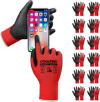 DULFINE Safety Work Gloves PU Coated for Men and Women-12 Pairs,Red Seamless Knit Glove with Two Fingers Touchscreen,Ideal for General Duty Work (Large)