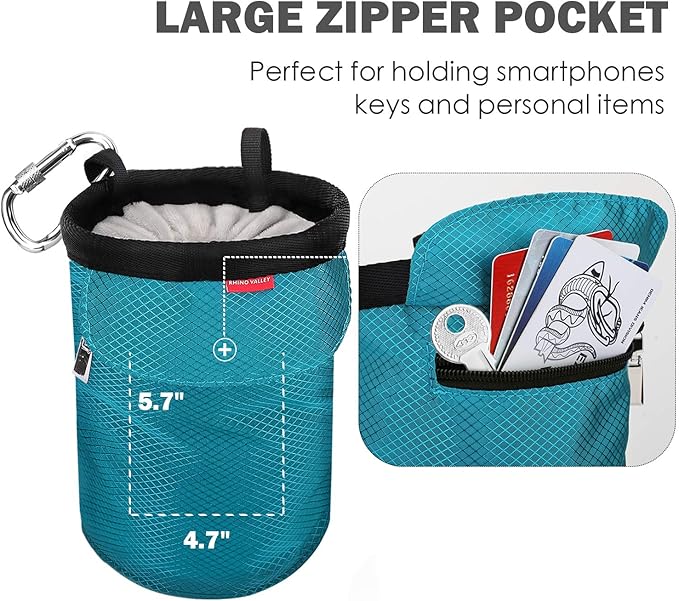 Rhino Valley Climbing Chalk Bag, No Leak Drawstring Chalk Bag with Adjustable Belt, Carabiner Clip and Zippered Pockets Chalk Bag for Climbing, Cross Fit, Weight Lifting & More