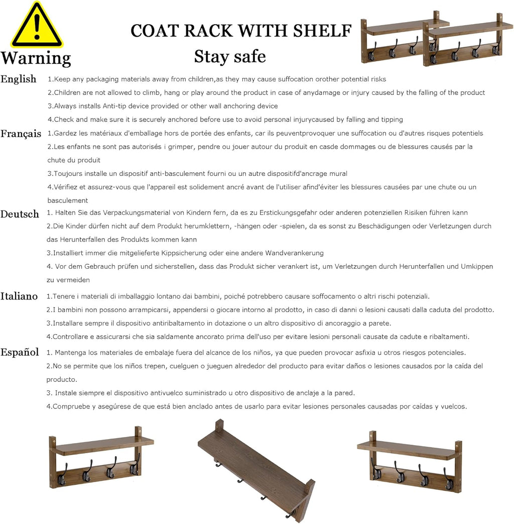 Coat Rack with Shelf, 2 Pack Bamboo Wall-Mounted Coat Hanger with 8 Hooks for Entryway, Hallway, Kitchen, Bathroom, Living Room, Utility Room (Black)