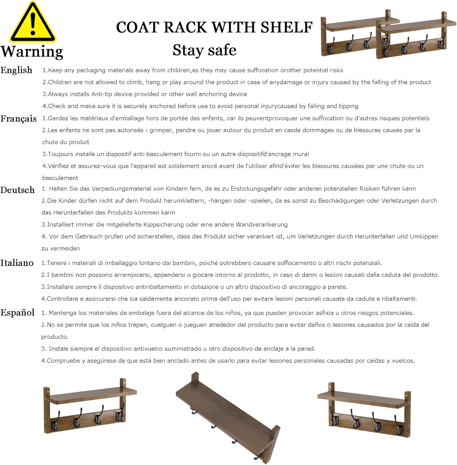 Coat Rack with Shelf Wall Mount, Entryway Bamboo Hanging Shelf, Set of 2, Wall Hook Rail for Hallway Décor, Storage Clothe, Hat, Robe, Key, Dog Leash (Walnut)