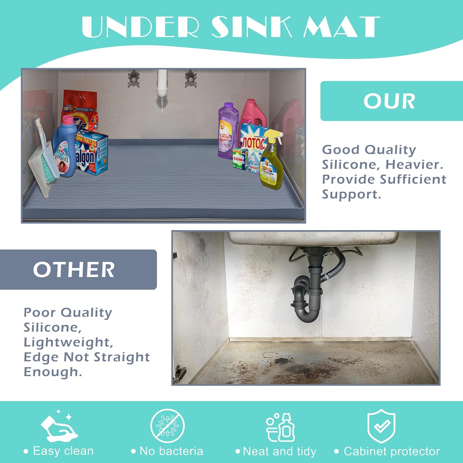 URMONA Waterproof Silicone Under Sink Mat 25'' x 22'' Shelf Liner for Kitchen and Bathroom, Cabinet and Counter Protector, Storage and Organizers, Litter Mat, Pet Cat Puppy Essentials(Black)