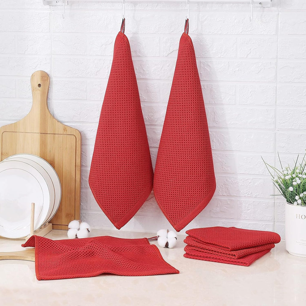 Kitinjoy 100% Cotton Kitchen Dish Cloths, 6 Pack Waffle Weave Ultra Soft Absorbent Dish Towels for Drying Dishes Quick Drying Kitchen Towels Dish Rags, 12 X 12 Inches, Brick Red