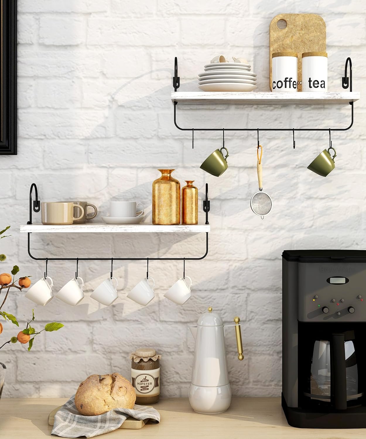Coffee Mug Holder, Coffee Bar Shelf with Hooks Wall Mount Cup Organizer Mug Racks Pods Storage Hanger Farmhouse Kitchen Decor, White