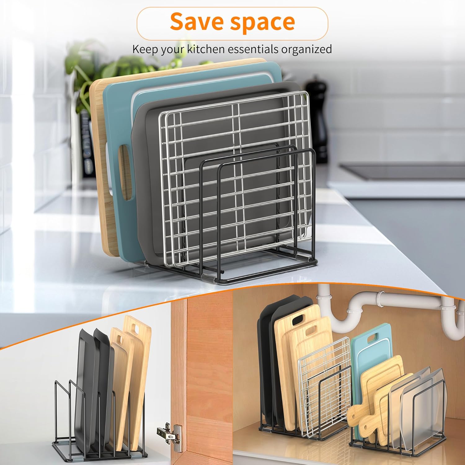 Cutting Board Organizer, [2-Pack] Kitchen Cabinet Organizer, Divided Rack with 5 Slots for Baking Trays, Cutting Boards - Cookie sheet Organizer Inside Cabinet, Baking Sheets Holder (Large)