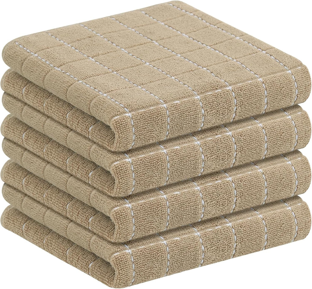 Homaxy 100% Cotton Terry Kitchen Towels(Tan, 13 x 28 inches), Checkered Designed, Soft and Super Absorbent Dish Towels, 4 Pack