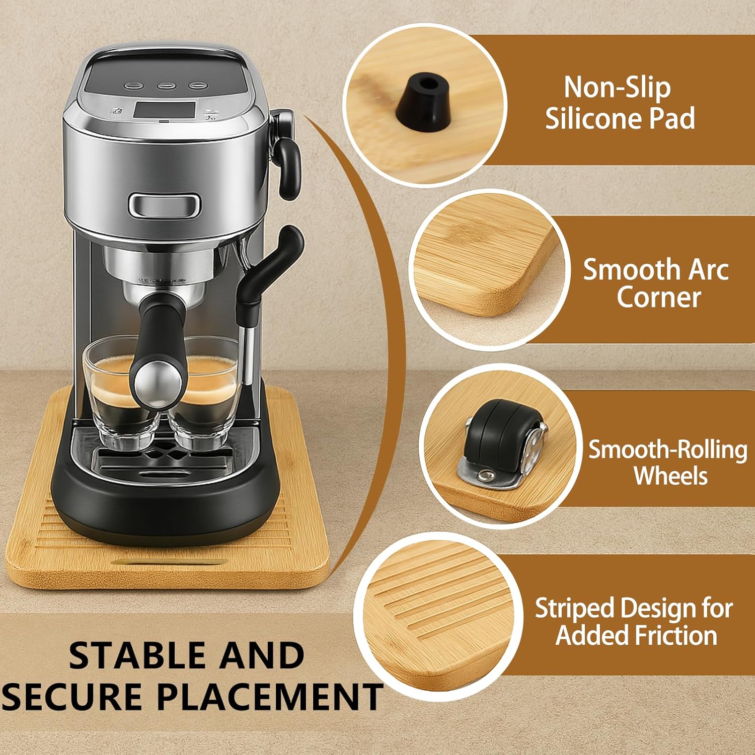 Sliding Tray for Coffee Maker, Appliance Slider Bamboo with Rubber Wheels for Heavy Kitchen Appliances, Coffee Pot Slider Tray for Countertop(14"D x 9.5"W)