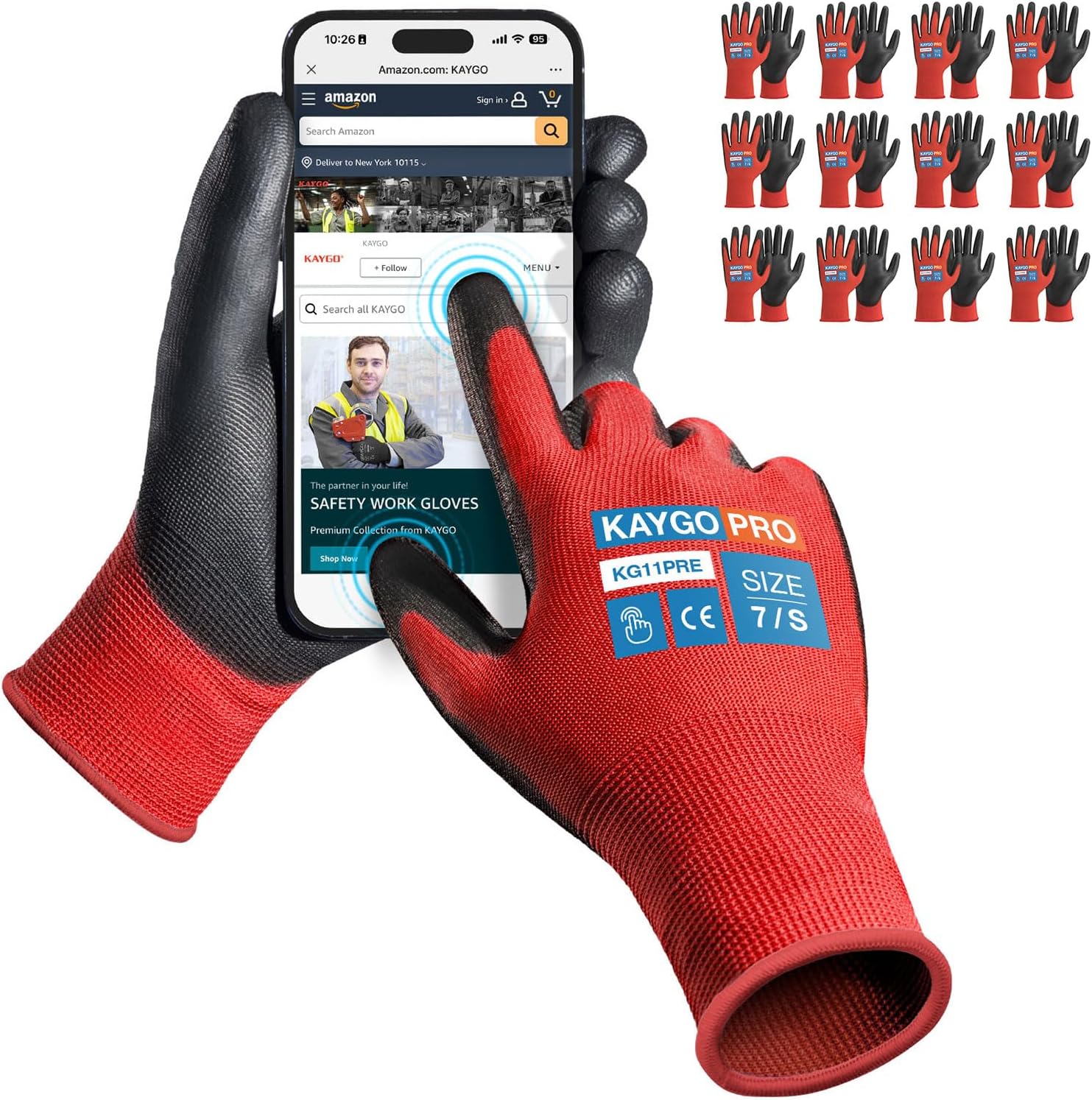 KAYGO Safety Work Gloves PU Coated for Men and Women- KG11P,12 Pairs,Seamless Knit Glove with Two Fingers Touchscreen,Ideal for General Duty Work (Red,S)