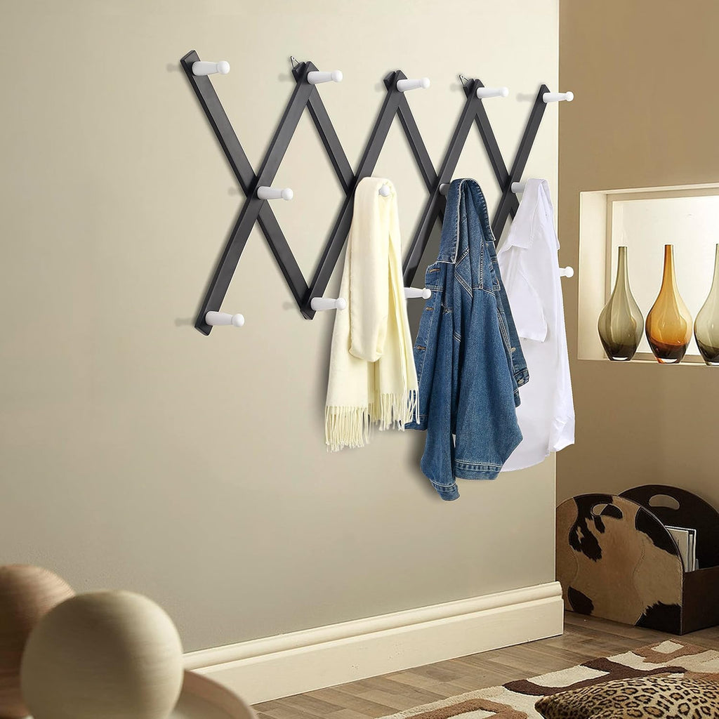 Dseap Accordian Wall Hanger: 16” High Wooden Wall Expandable Coat Rack, Hat Rack Holder, Accordion Hook for Baseball Caps, Coats, Mugs, 14 Peg Hooks, Black & White