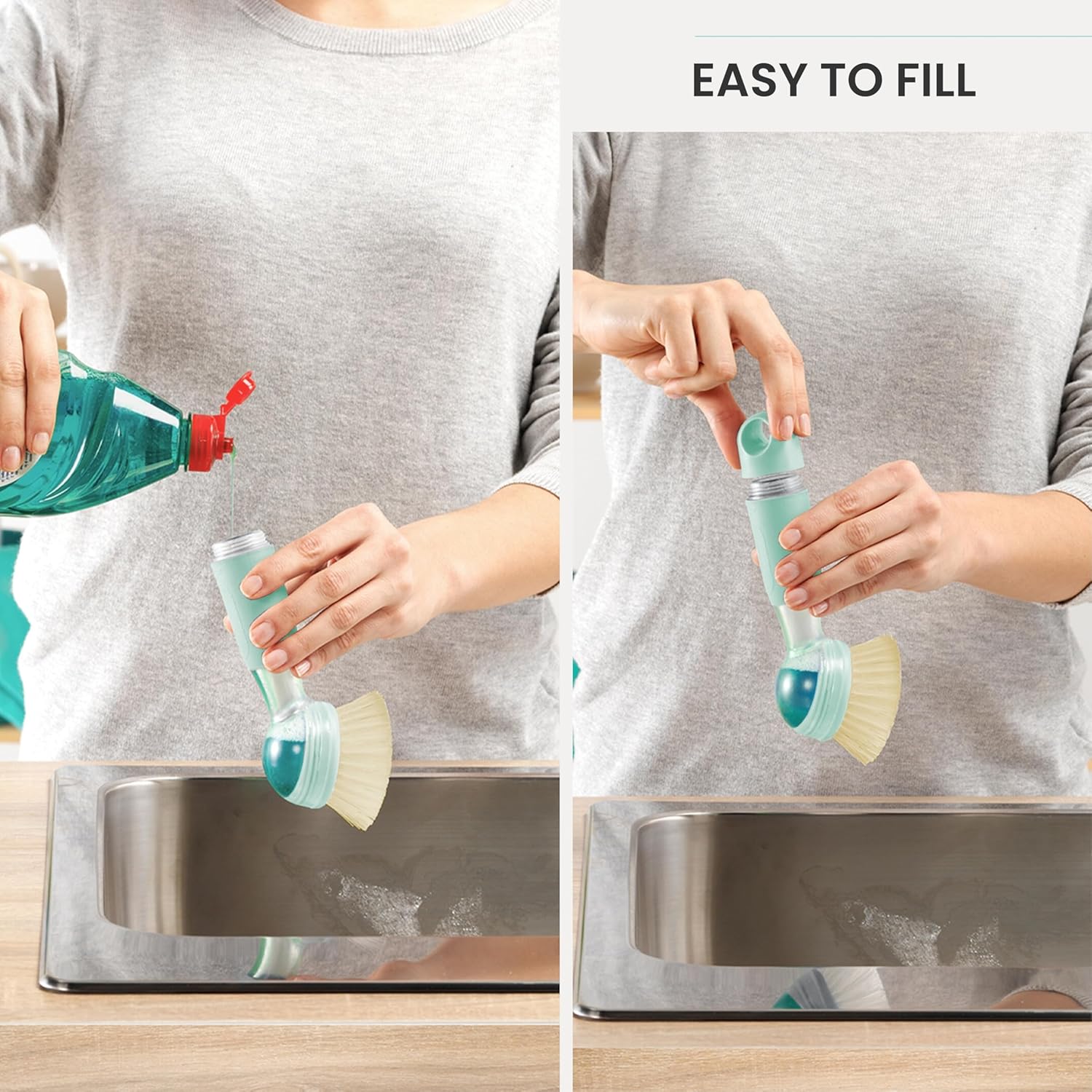 Vigar Rengo Soap Dispensing Dish Brush, Dish Brush with Soap Dispenser for Pot Scrubber, Dishes, Sink Cleaner, and Kitchen Essentials, Turquoise