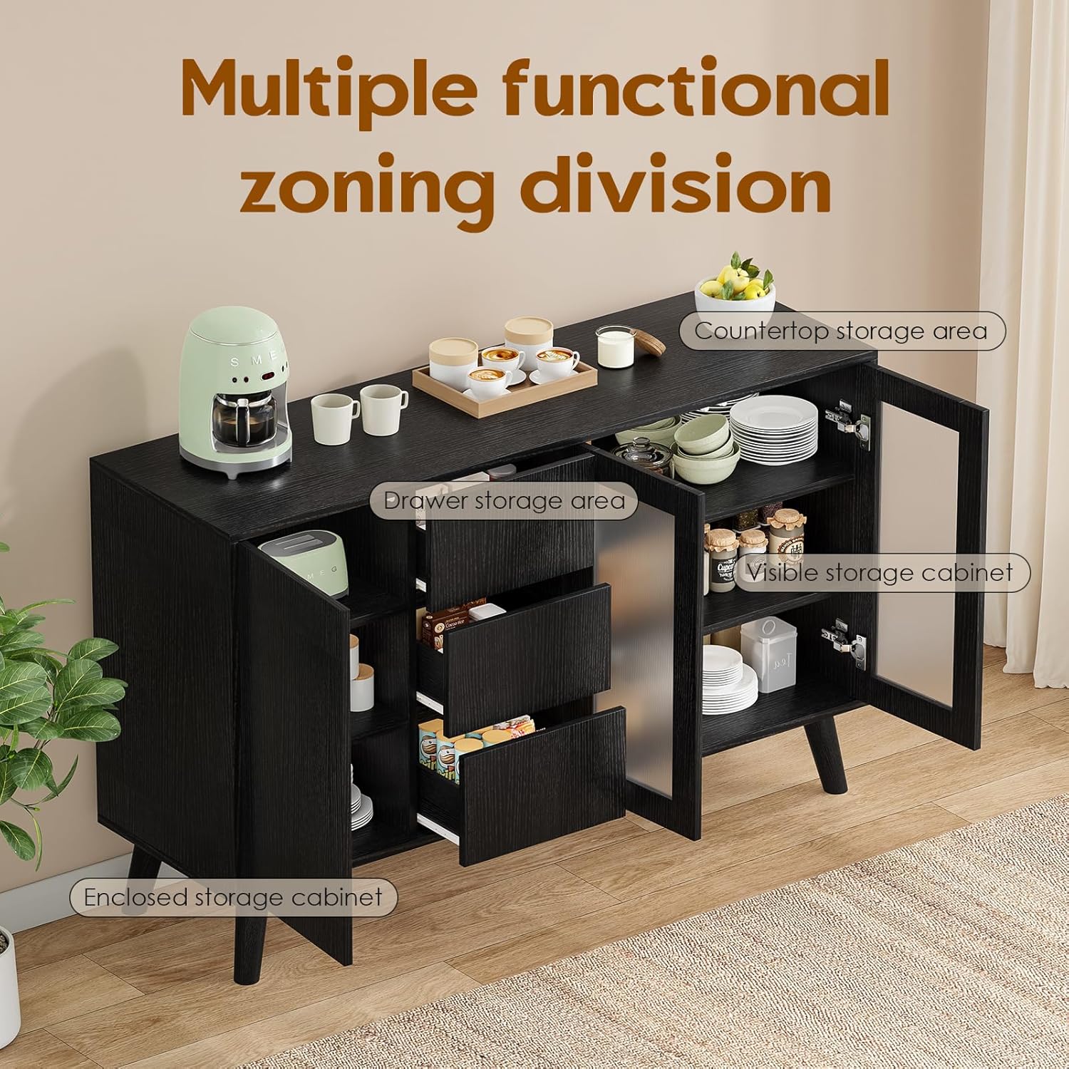 Soohow Farmhouse Buffet Cabinet, 55.5" Coffee Bar with 3 Drawers and Pop-Up Doors, Large Rustic Sideboard for Dining Room, Kitchen, Hallway, and Living Room