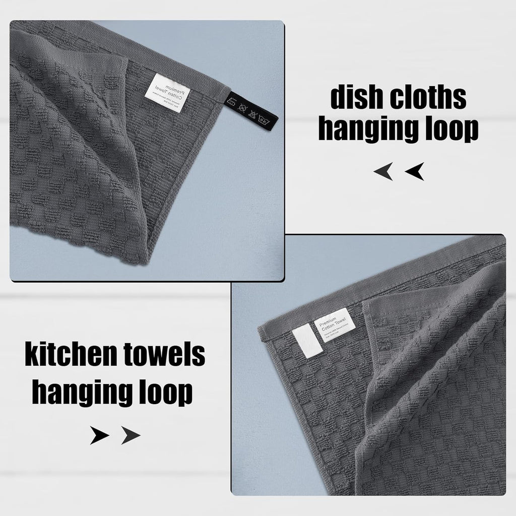 Fintale 100% Cotton Kitchen Towels and Dishcloths Set, 12 x 12 & 15 x 25 Inches, Set of 12 Bulk Super Soft and Absorbent Terry Cloth Dish Towels, Quick Drying Hand Towels with Hanging Loop, Dark Grey