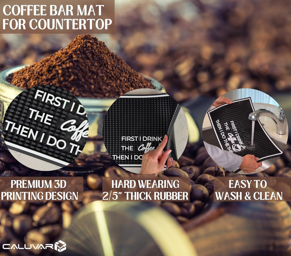 Coffee Matt for Counter First I Drink The Coffee Then I Do The Things 18x12 in, Non-Slip Silicone Espresso Maker Mat for Countertops, Aloha, Hawaiian and Luau Tiki Bar Decor and Tiki Decorations