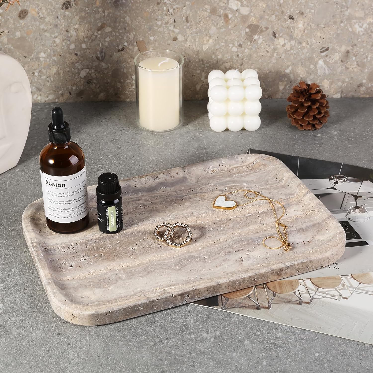 Marble Vanity Trays, Travertine Bathroom Tray, Decorative Tray for Dresser Countertop, Grey Stone Serving Holder for Kitchen, Storage Trays for Perfume, Jewelry Candle Organizer