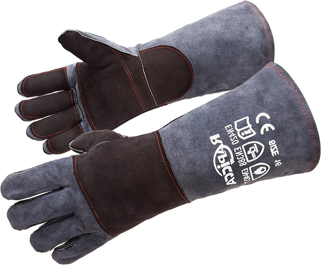 Fireplace Gloves Fire Heat Resistant: Dark-Grey 16IN 932℉ - Fireproof Leather for Fireplace Fire Pit Wood Stove Campfire Furnace BBQ Grill Oven Stick Mig Welding Welder Gear - Birthday Gift XL