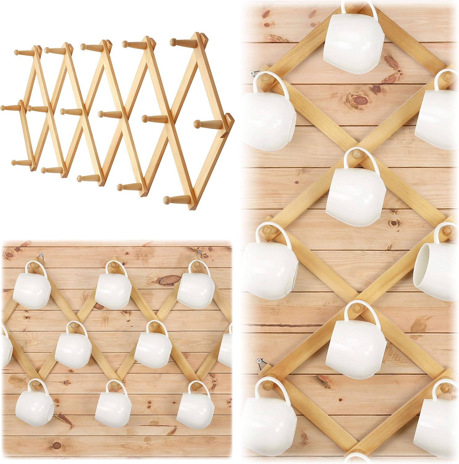 Dseap Accordian Wall Hanger: 16” High Wooden Wall Expandable Coat Rack, Hat Rack Holder, Accordion Hook for Baseball Caps, Coats, Mugs, 16 Peg Hooks, Natural