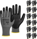 KAYGO Safety Work Gloves PU Coated-12 Pairs KG11PB Seamless Knit Glove with Polyurethane Coated Smooth Grip on Palm & Fingers for Men and Women, Gray,Large