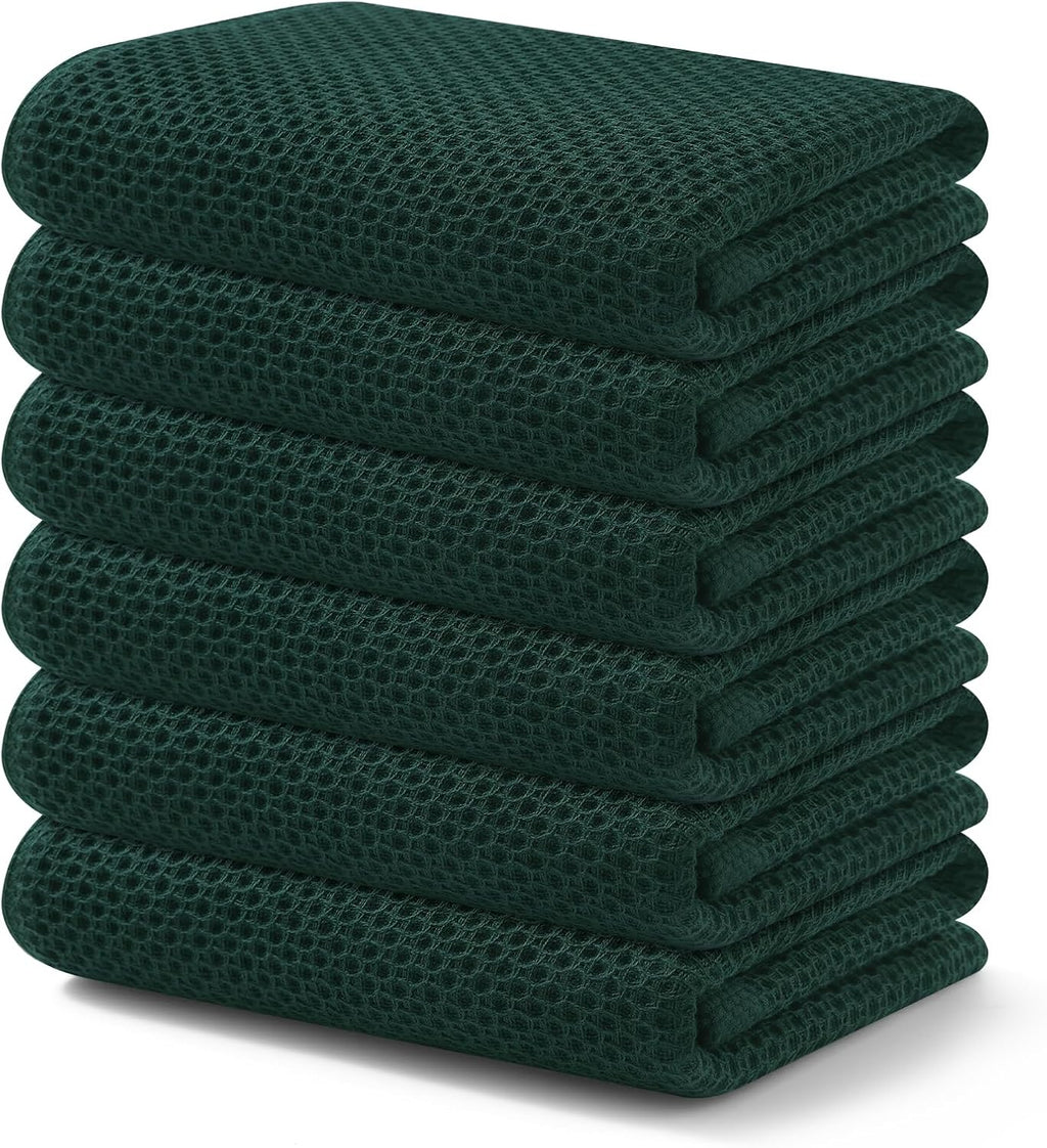 Kitinjoy 100% Cotton Waffle Weave Kitchen Towels, 6-Pack Super Soft and Absorbent Dish Towels for Drying Dishes, Kitchen Hand Towels, 13 in x 28 in, Blackish Green