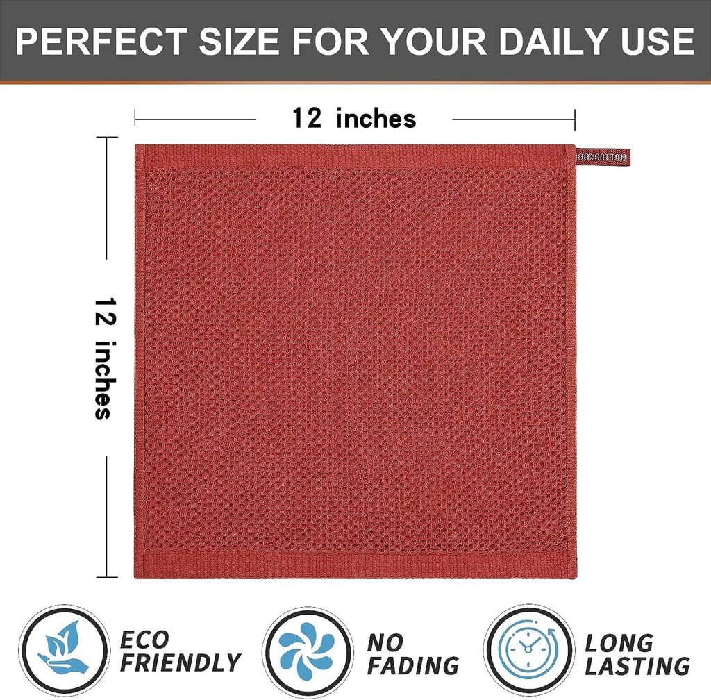 Kitinjoy 100% Cotton Kitchen Dish Cloths, 12 Pack Waffle Weave Ultra Soft Absorbent Dish Towels for Drying Dishes Quick Drying Kitchen Towels Dish Rags, 12 X 12Inch, Brick Red