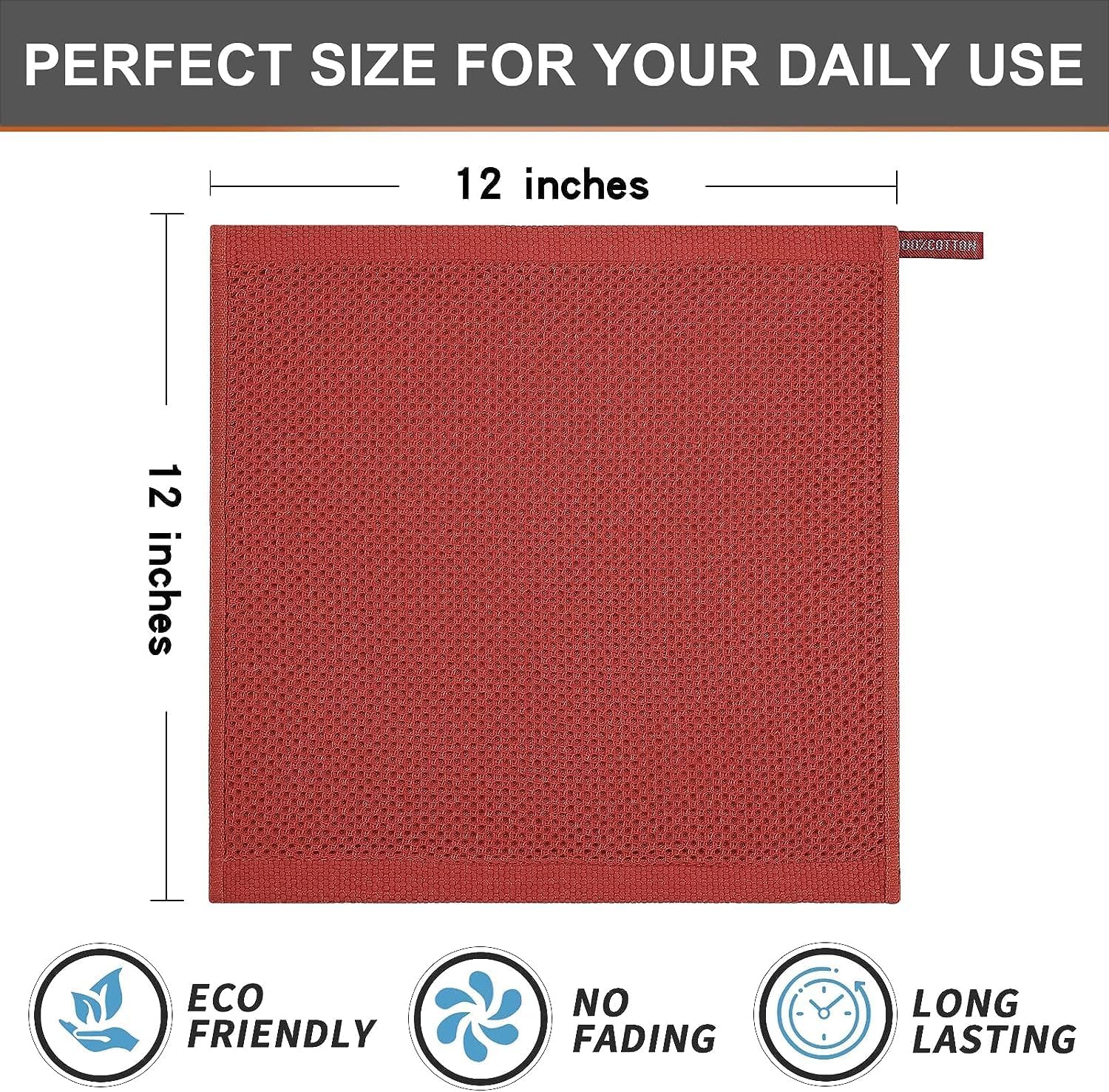 Kitinjoy 100% Cotton Kitchen Dish Cloths, 12 Pack Waffle Weave Ultra Soft Absorbent Dish Towels for Drying Dishes Quick Drying Kitchen Towels Dish Rags, 12 X 12Inch, Brick Red