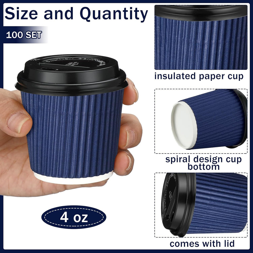 Uiifan 100 Set 4oz Disposable Espresso Cups with Lids Ripple Corrugated Paper Disposable Coffee Insulated Hot Ripple Cups for hot Chocolate, Tea, and Cocoa Drinks(Blue)