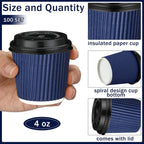 Uiifan 100 Set 4oz Disposable Espresso Cups with Lids Ripple Corrugated Paper Disposable Coffee Insulated Hot Ripple Cups for hot Chocolate, Tea, and Cocoa Drinks(Blue)