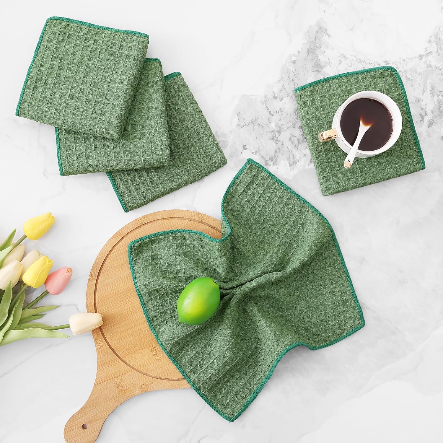 Homaxy Microfiber Waffle Weave Kitchen Dish Cloths, 12 x 12 Inch Ultra Absorbent and Solid Color Dish Towels for Kitchen Fast Drying Dishcloth for Washing Dishes, 8 Pack, Grass Green