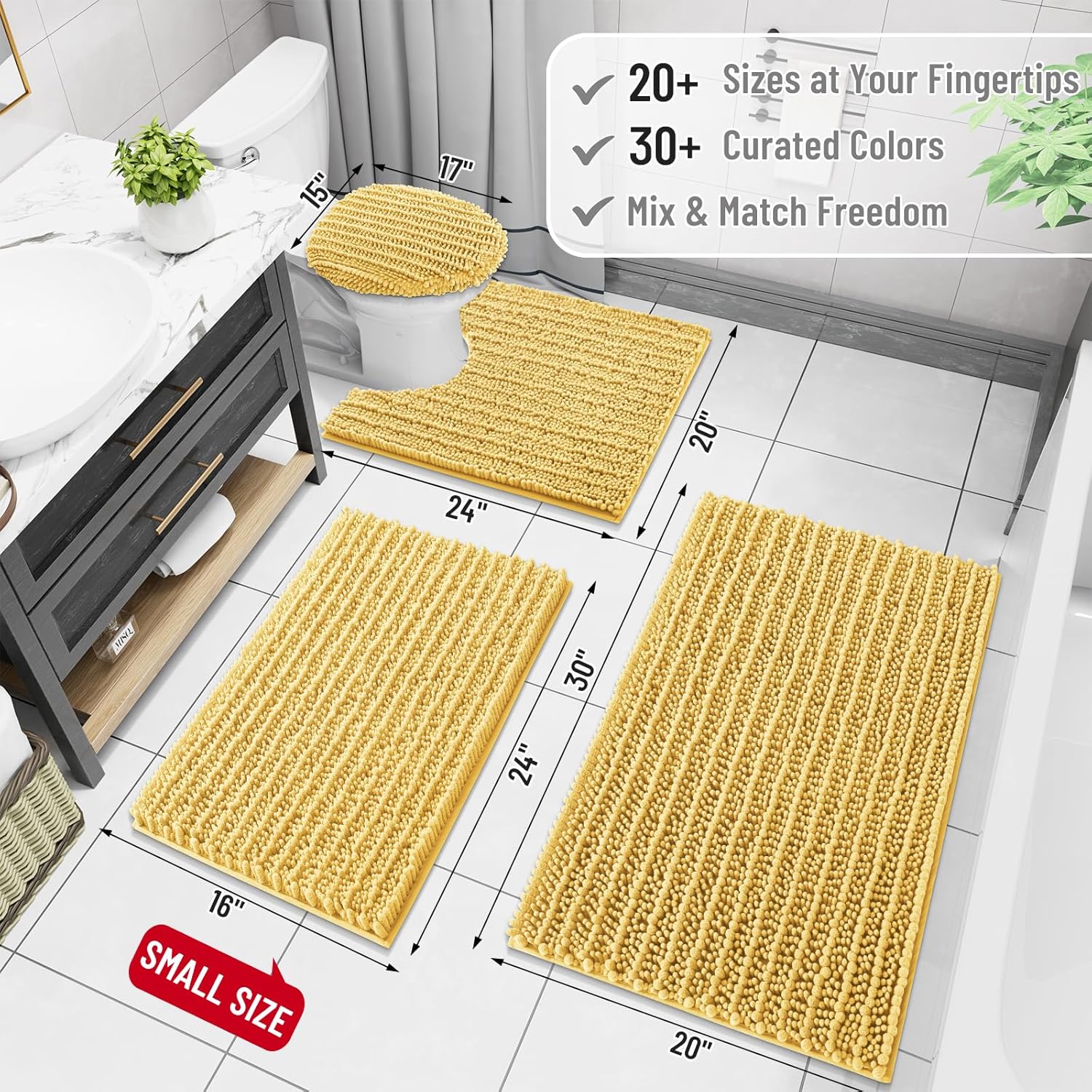 Arotive Luxury Chenille Bathroom Rug Mat, Extra Soft Thick Absorbent Shaggy Bath Rugs, Non-Slip Machine Wash Dry, Plush Bath Mats for Bathroom, Shower and Tub, 30x17, Yellow