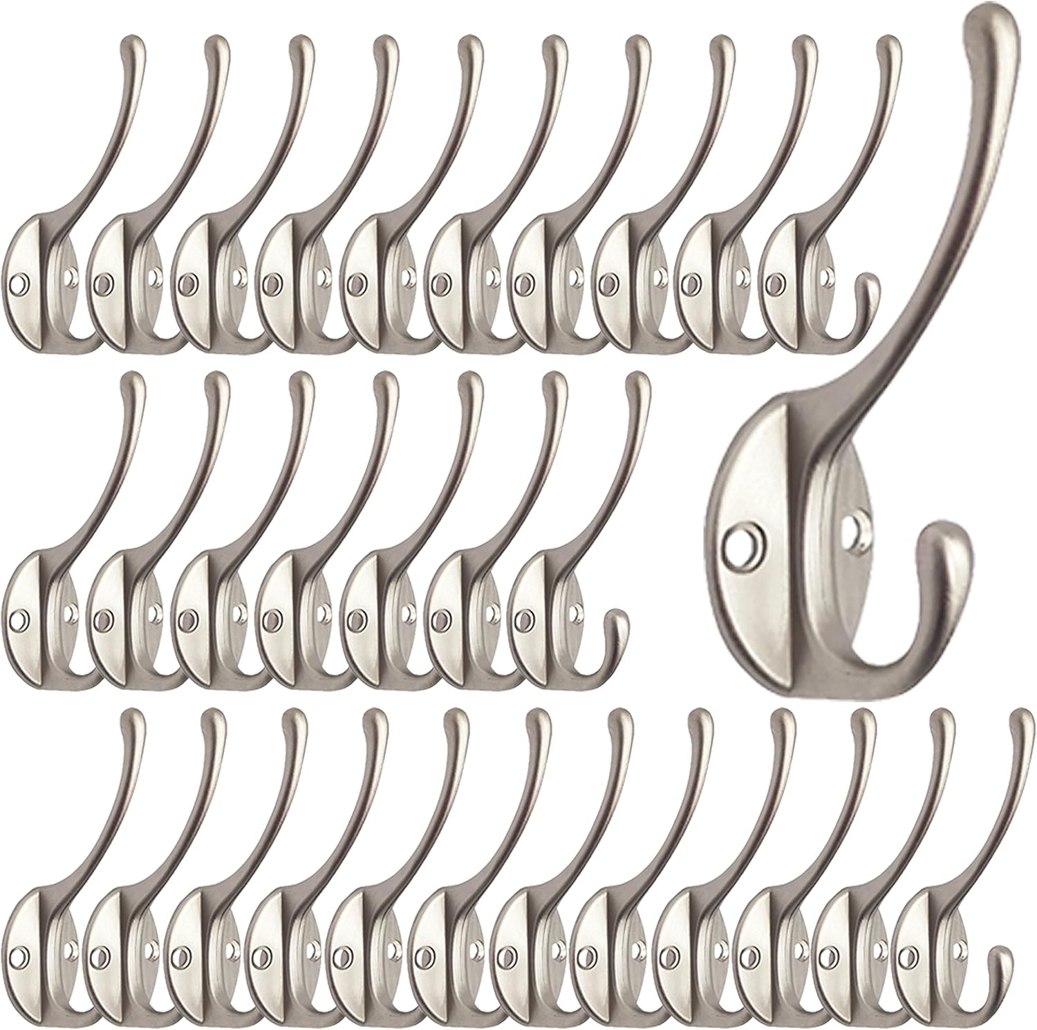 IBosins 30 Pack Heavy Duty Dual Coat Hooks Wall Mounted with 60 Screws Retro Double Hooks Utility Silvery Hooks for Coat, Scarf, Bag, Towel, Key, Cap, Cup, Hat
