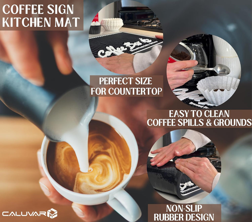 Coffee Station Mat Brewed Fresh Daily Self Serve Coffee Bar Matt for Countertop, Large 18 x 12 in Mats for Kitchen Decor and Accessories Sign for Kitchen, Tiki Decor and Bar Matts for Bartending