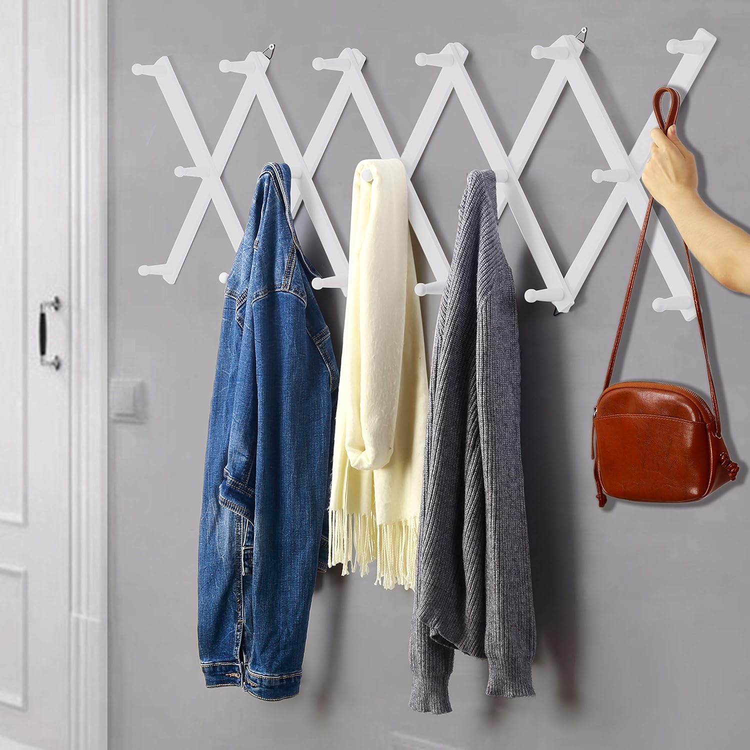 Dseap Accordian Wall Hanger: 16” High Wooden Wall Expandable Coat Rack, Hat Rack Holder, Accordion Hook for Baseball Caps, Coats, Mugs, 17 Peg Hooks, White