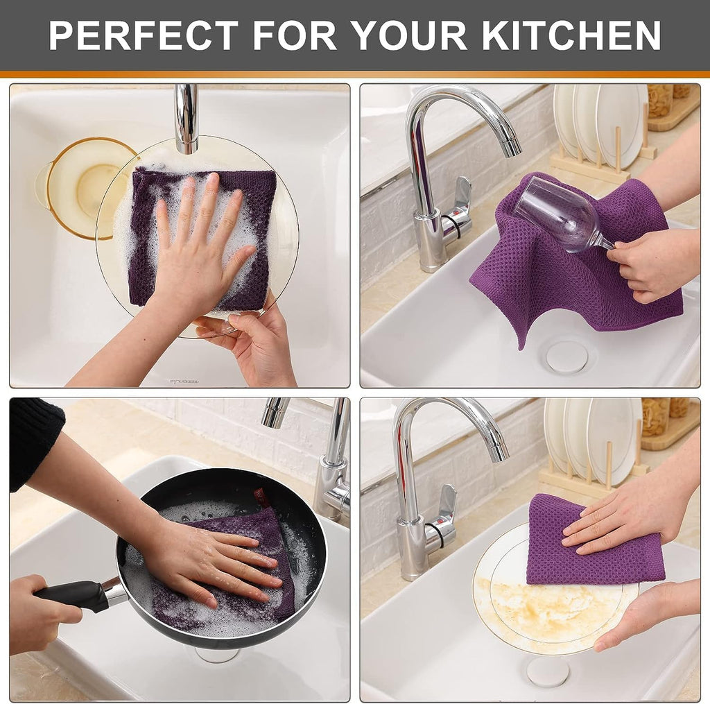 Kitinjoy 100% Cotton Kitchen Dish Cloths, 8 Pack Waffle Weave Ultra Soft Absorbent Dish Towels for Drying Dishes Quick Drying Kitchen Towels Dish Rags, 12 X 12 Inches, Violet