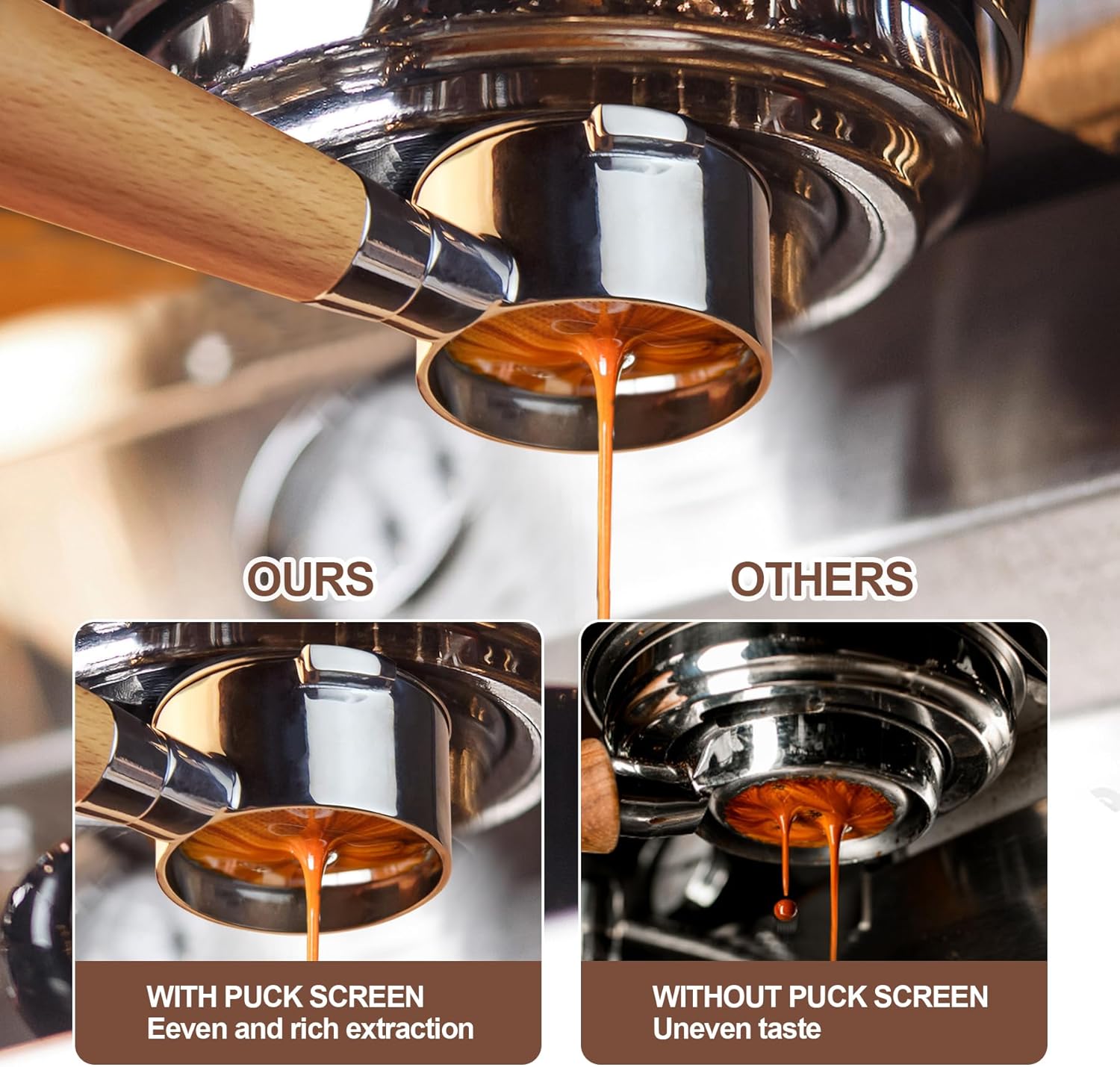 54 mm Bottomless Portafilter with Puck Screen, 3 Ears Espresso Portafilter Compatible with Breville Barista Express Machines,Stainless Steel Por tafilter and Maple Handle