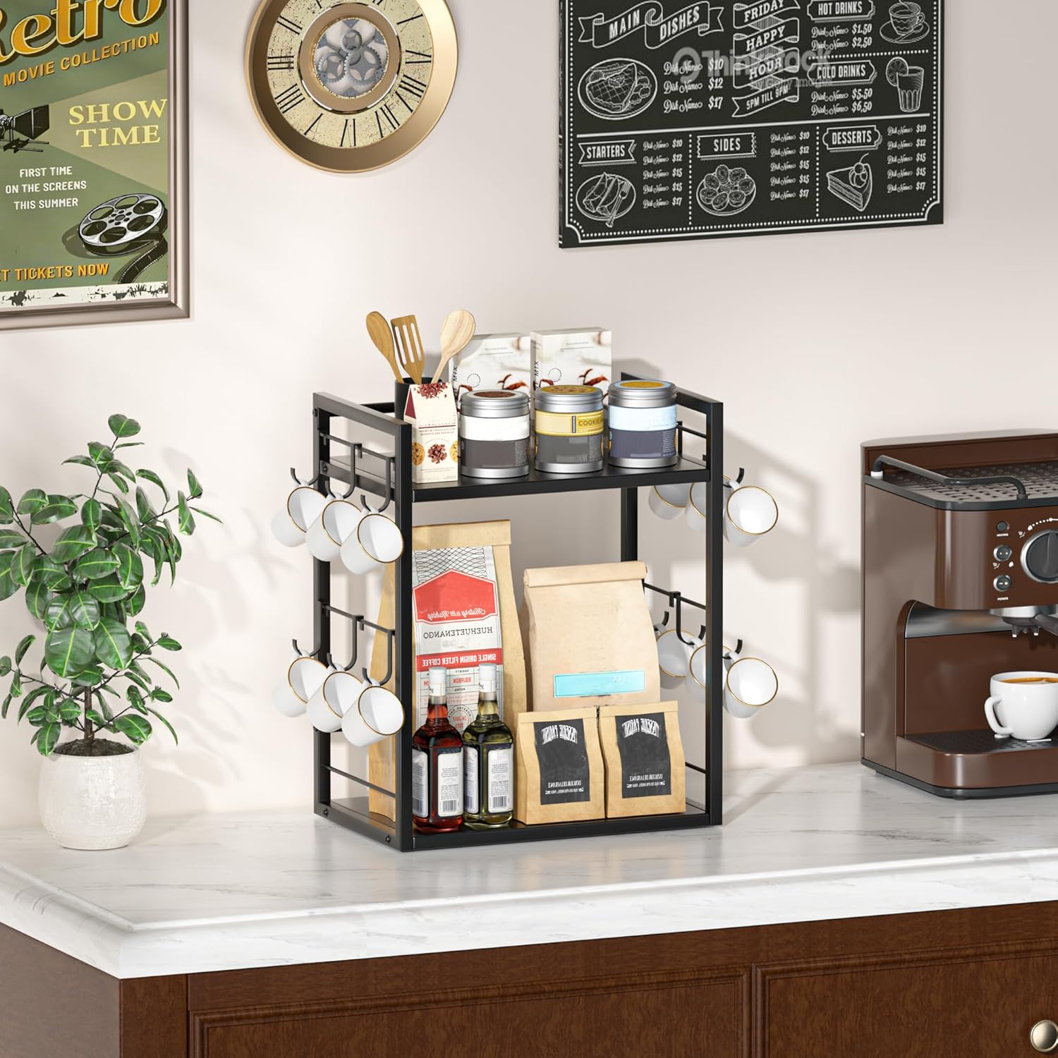 Dorhors 2 Tier Coffee Bar Accessories and Organizer,Multi-functional Mug Holder with 12 Hooks,Wood Coffee Station Organizer,Kitchen Countertop Shelf (Black)