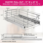 HOLDN’ STORAGE Heavy-Duty Premium Collection Pull Out Cabinet Organizer, Cabinet Drawer Slide Outs, Lifetime Limited Warranty - Basket Size 11" W x 21" D x 5" H, Anti-Rust Chrome Finish