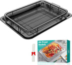 Air Fryer Basket for Oven, OPENICE 15.6" x 11.6" Air Fryer Tray and Pan Set with 30PCS Parchment Papers, Stainless Steel Oven Air Fryer Basket and Tray for Baking Grilling - Black