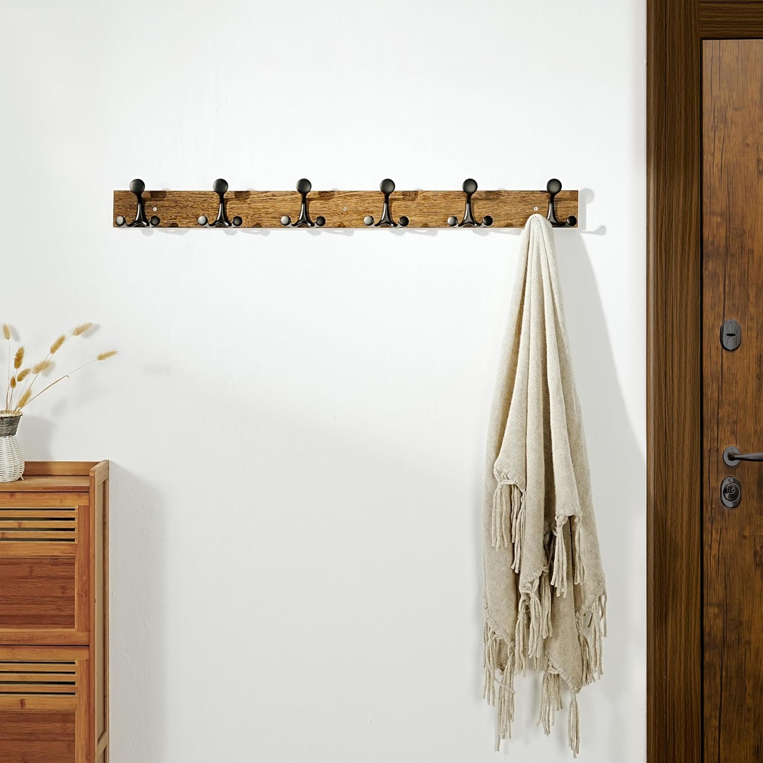 SKOLOO 39-Inch Wood Burnt Coat Rack Wall Mount with 6 Triple Hooks - Ideal for Family Entrances, Classrooms, and Pet Supplies Storage - Perfect Coat Hooks for Wall