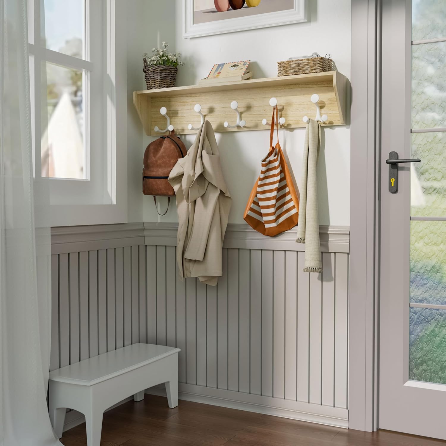 SKOLOO Wall Shelf with Hooks, 35-Inch Coat Rack Wall Mount with Shelf Organizer - Lightweight & Sturdy, 5 Tri Hooks - Perfect for Entryway, Hallway, Living Room, Bedroom, Mudroom, Natural & White