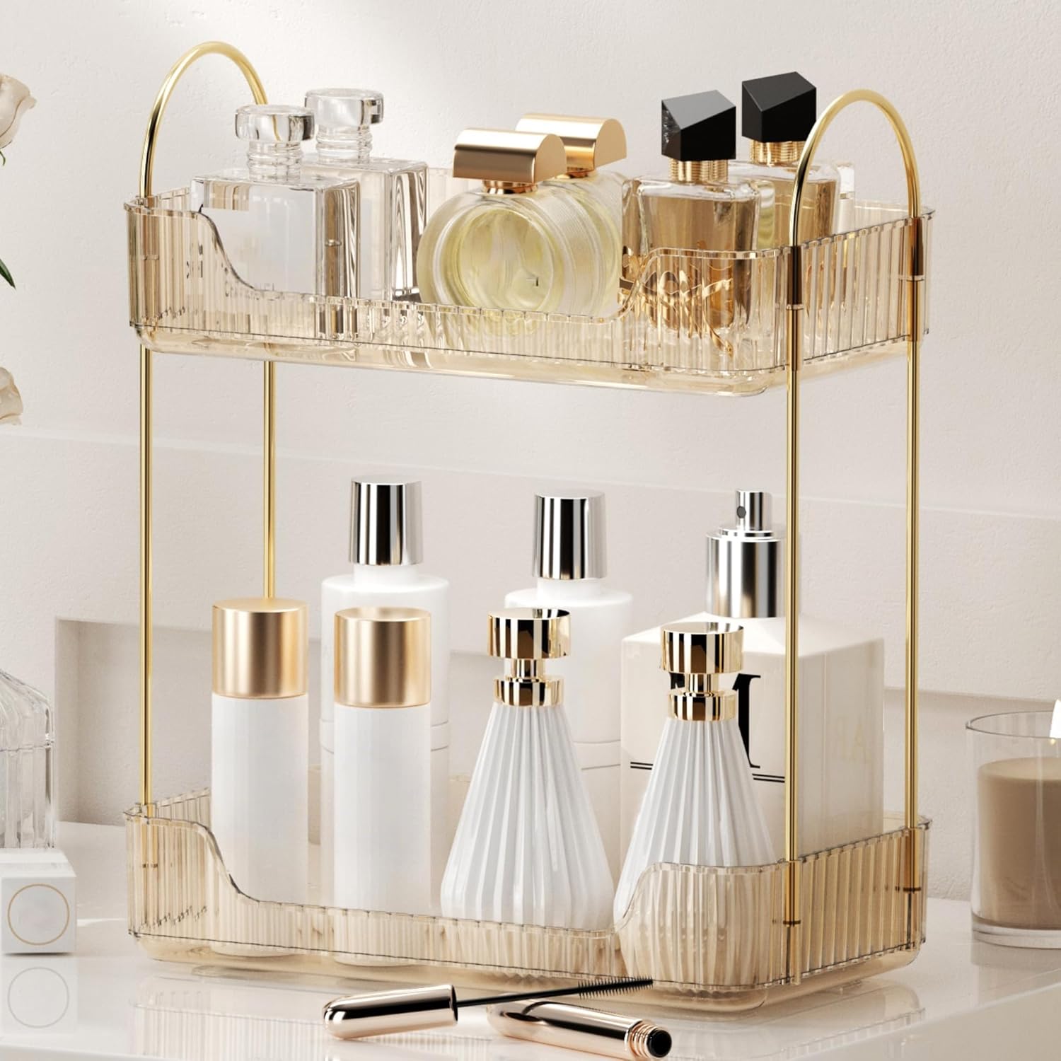 YCIA&DONE Bathroom Organizer Countertop, Makeup Storage, Skincare Cosmetic Tray Shelf, Perfume Holder Rack for Vanity Counter, Large Capacity, Easy to Install, Clean, 2 Tiers, Amber Gold