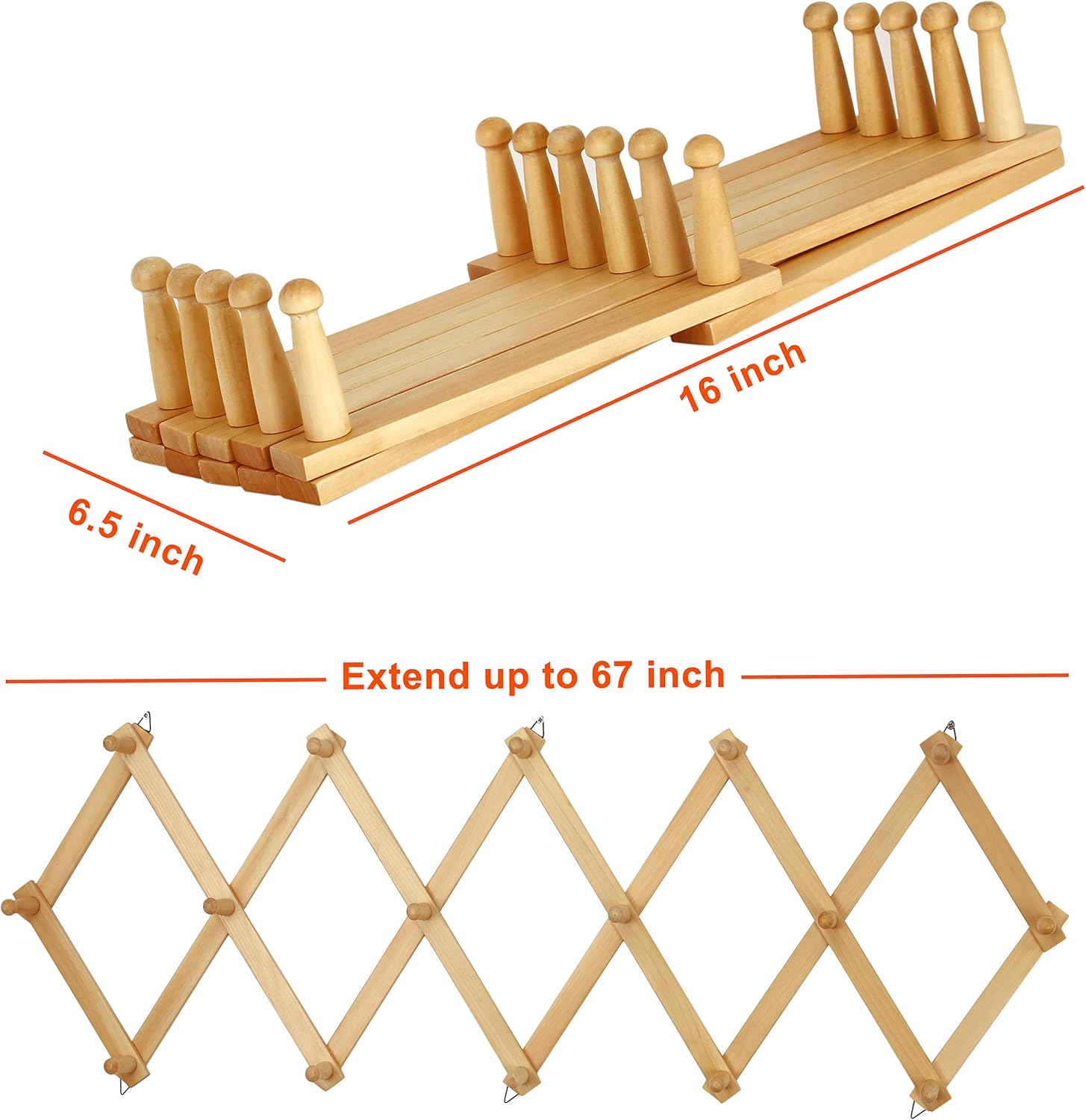 Dseap Accordian Wall Hanger: 16” High Wooden Wall Expandable Coat Rack, Hat Rack Holder, Accordion Hook for Baseball Caps, Coats, Mugs, 16 Peg Hooks, Natural