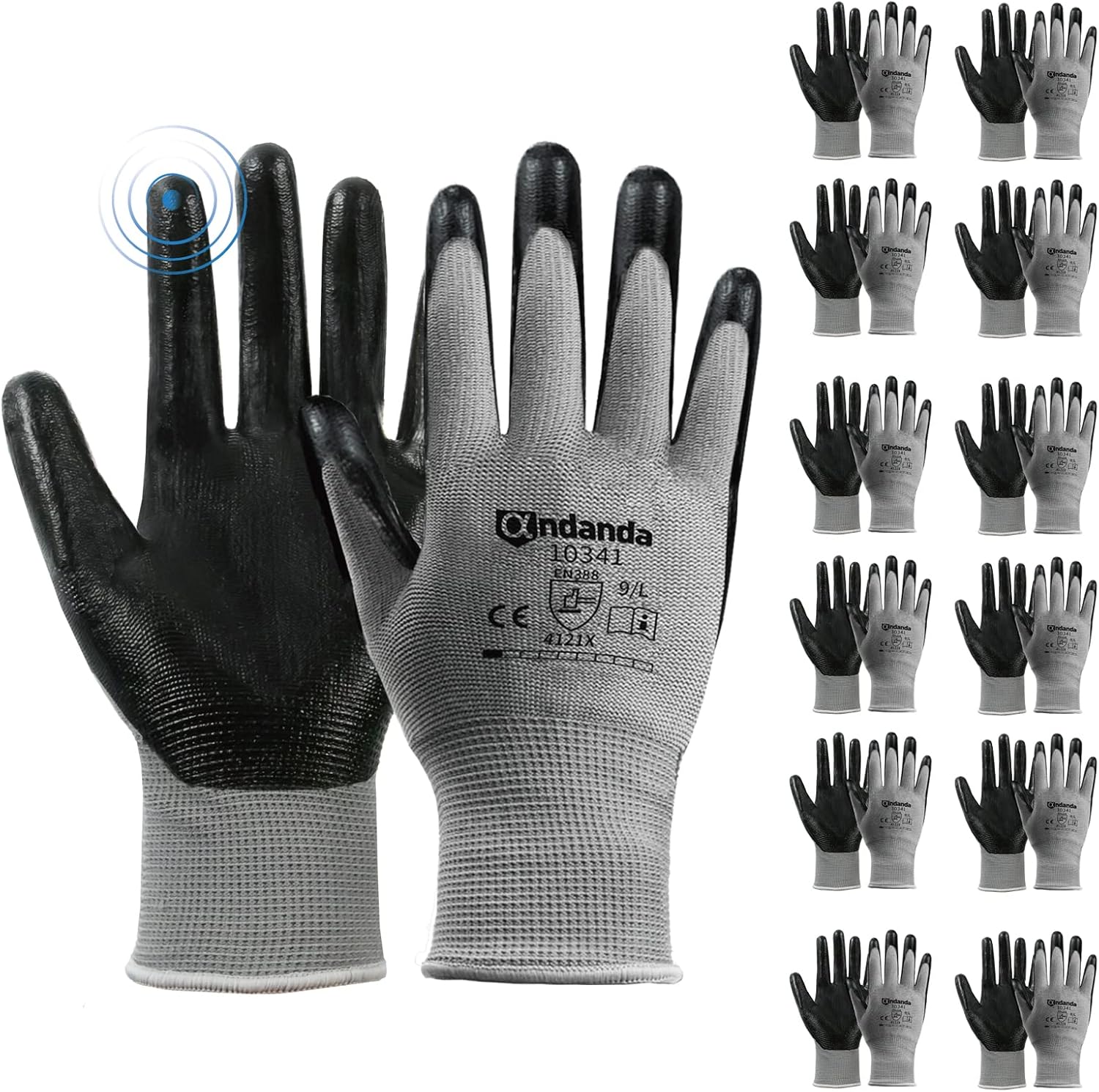 ANDANDA Smart Touch Work Gloves - 12 Pairs, 3D Comfort Stretch Fit, Nitrile Coated with Grip, Seamless Knit Nylon, Suitable for Warehousing, Logistics, Handling, Black (S)