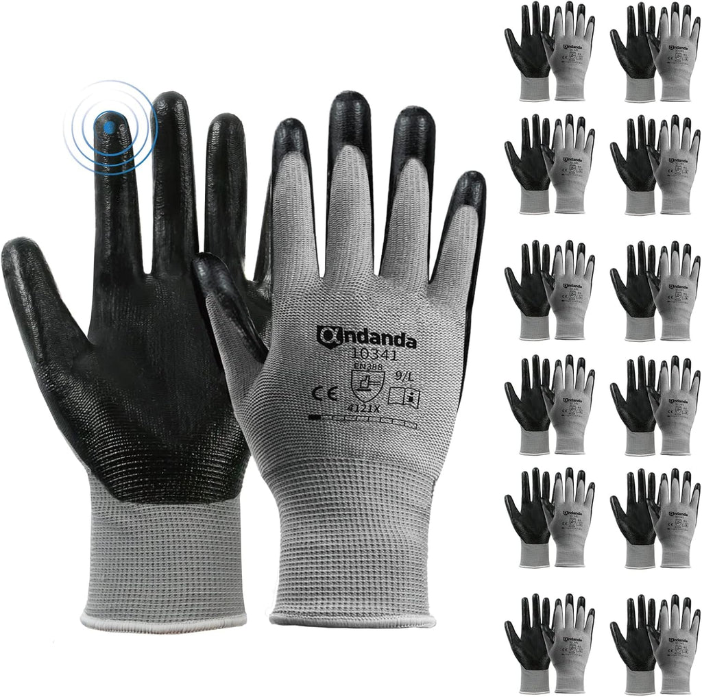 ANDANDA Smart Touch Work Gloves - 12 Pairs, 3D Comfort Stretch Fit, Nitrile Coated with Grip, Seamless Knit Nylon, Suitable for Warehousing, Logistics, Handling, Black (XL)