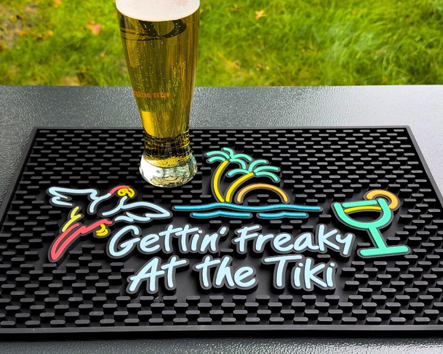 Gettin Freaky at The Tiki Sign with Flying Parrot, Palm Tree and Cocktail Tiki Bar Mats for Countertop 18 x 12in, Coffee Station Mat and Coffee Bar Mat, Aloha, Hawaiian and Luau Party Decorations
