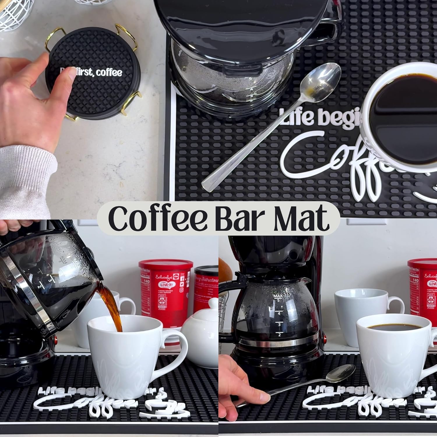 Life Begins After Coffee Bar Mat Sign for Countertop, 18x12 Coffee Machine Mat, Barista Shop Essentials for Your Station, Espresso Machine Protection for Countertop, Silicone Mats for Kitchen Counter