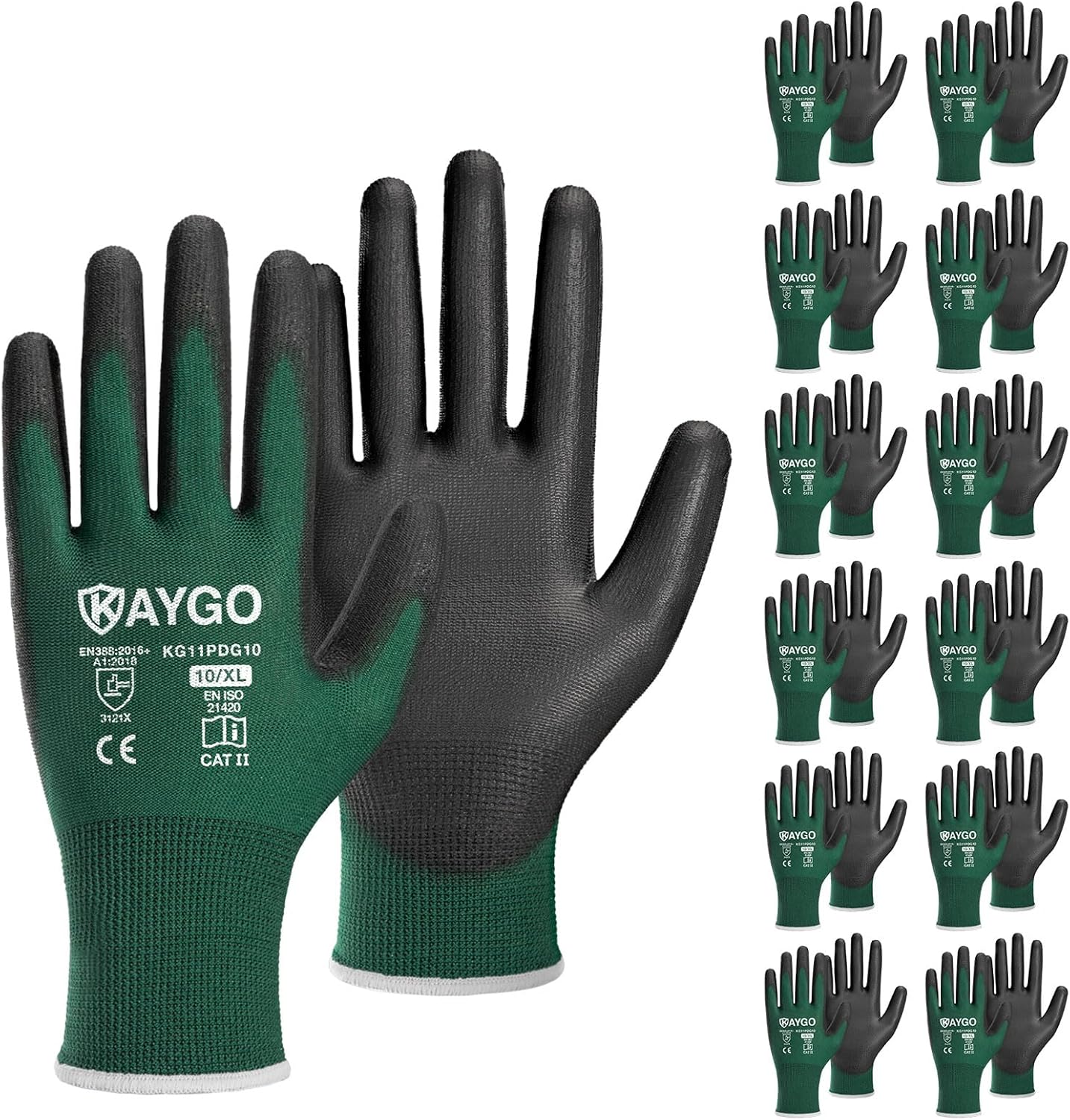 KAYGO Safety Work Gloves PU Coated,12 Pairs KG11PB Seamless Knit Glove for Men and Women, with Smooth Grip on Palm and Fingers, Ideal for General Duty Work (X-Large,Dark Green)